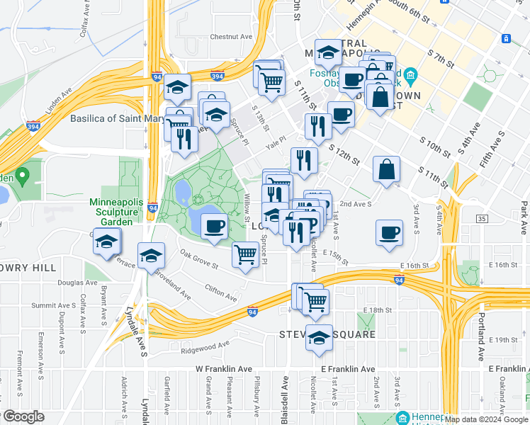 map of restaurants, bars, coffee shops, grocery stores, and more near 110 West Grant Street in Minneapolis