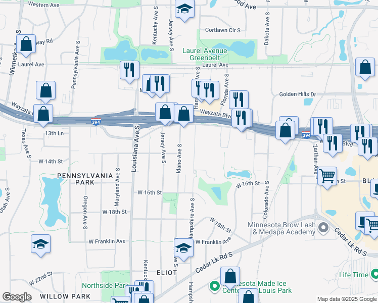 map of restaurants, bars, coffee shops, grocery stores, and more near 1338 Hampshire Avenue South in Minneapolis