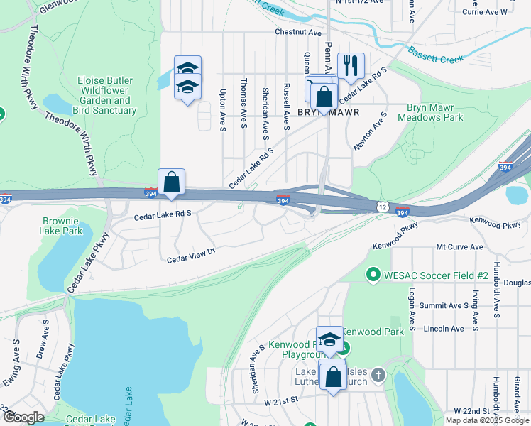 map of restaurants, bars, coffee shops, grocery stores, and more near 2310 South Wayzata Boulevard in Minneapolis