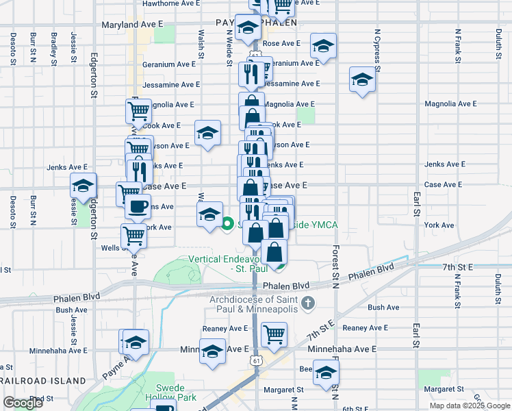 map of restaurants, bars, coffee shops, grocery stores, and more near Arcade Street & Sims Avenue in Saint Paul