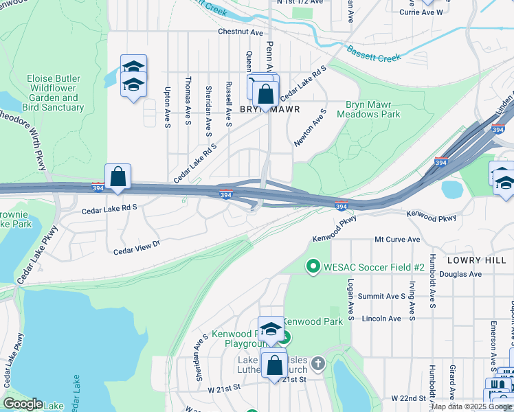 map of restaurants, bars, coffee shops, grocery stores, and more near 1820 South Wayzata Boulevard in Minneapolis