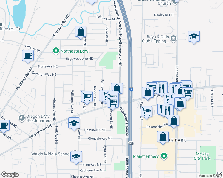 map of restaurants, bars, coffee shops, grocery stores, and more near 3491 Hawthorne Avenue Northeast in Salem