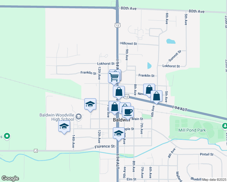 map of restaurants, bars, coffee shops, grocery stores, and more near 1080 Curtis Street in Baldwin