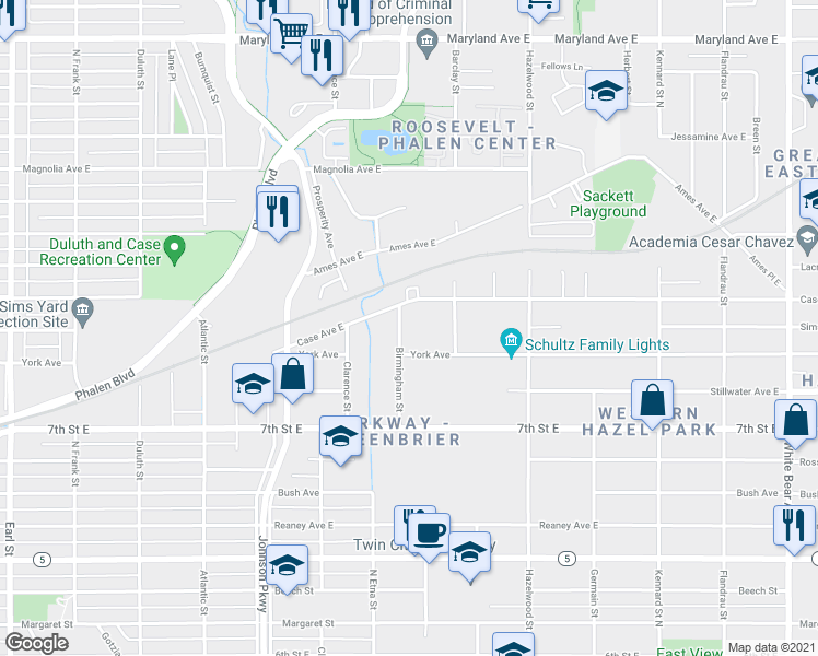 map of restaurants, bars, coffee shops, grocery stores, and more near 1424 Case Avenue East in Saint Paul