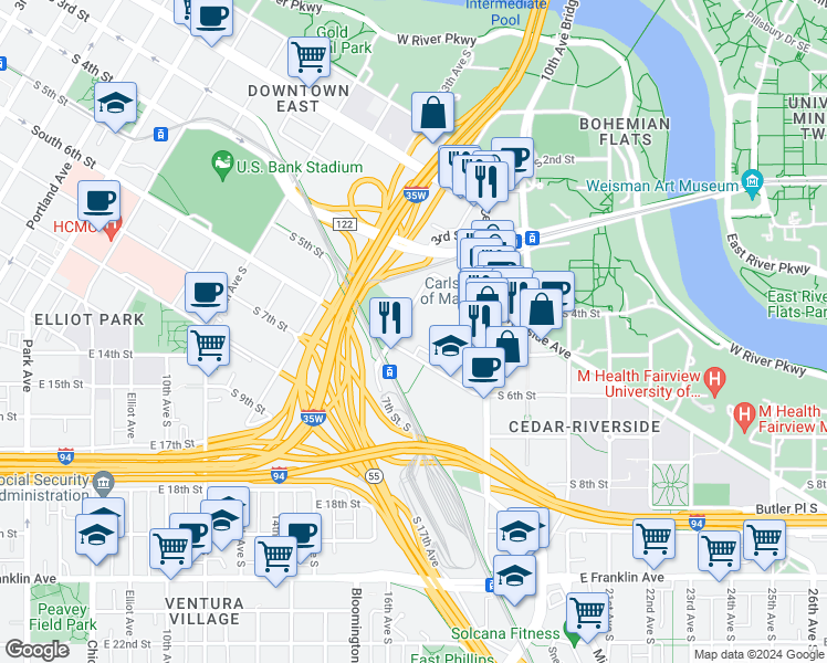 map of restaurants, bars, coffee shops, grocery stores, and more near 505 15th Avenue South in Minneapolis