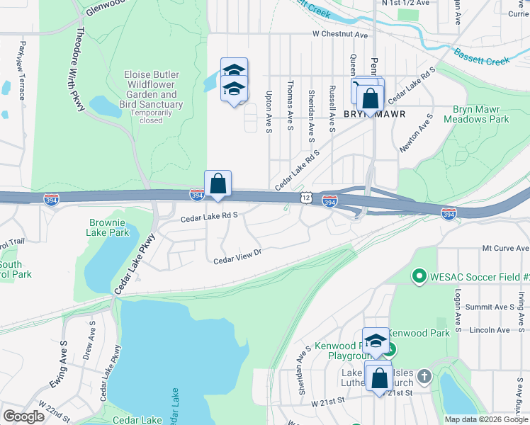 map of restaurants, bars, coffee shops, grocery stores, and more near 1001 Cedar Lake Road South in Minneapolis