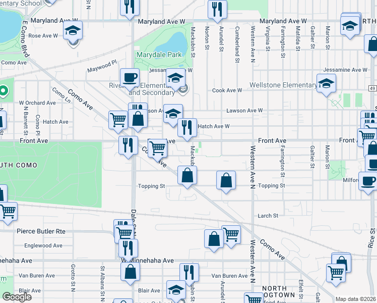 map of restaurants, bars, coffee shops, grocery stores, and more near 955 Mackubin Street in Saint Paul