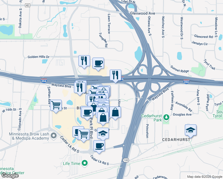 map of restaurants, bars, coffee shops, grocery stores, and more near 5245 Wayzata Boulevard in St. Louis Park