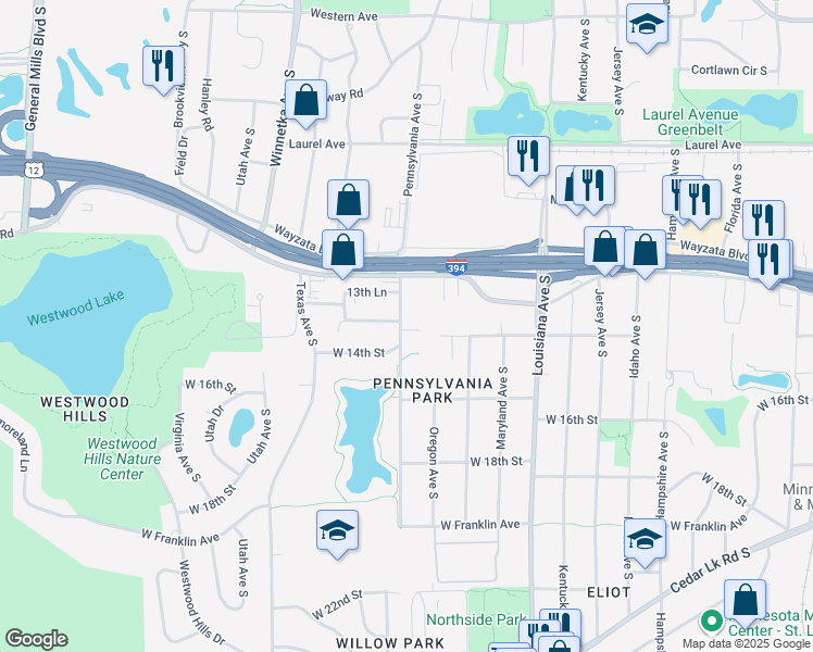 map of restaurants, bars, coffee shops, grocery stores, and more near 7700 West 13 1/2 Street in Minneapolis