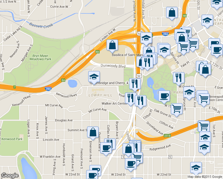map of restaurants, bars, coffee shops, grocery stores, and more near 300 Kenwood Parkway in Minneapolis