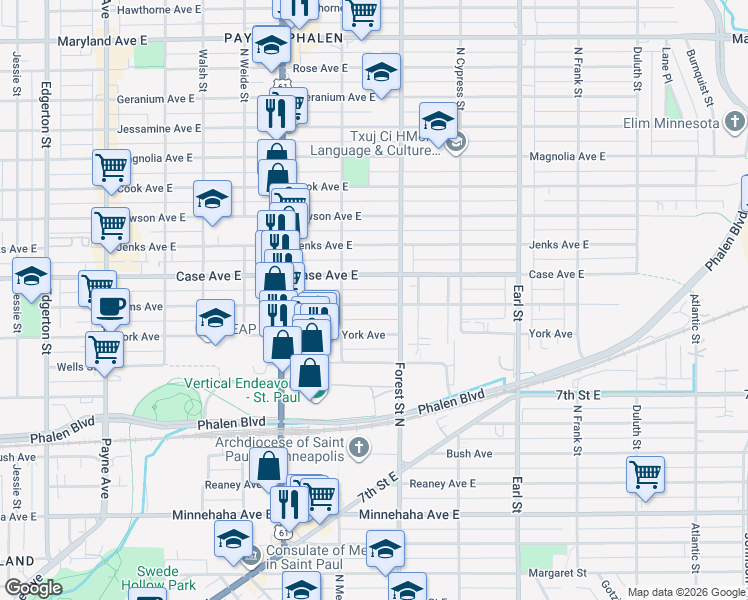 map of restaurants, bars, coffee shops, grocery stores, and more near 928 Case Avenue East in Saint Paul