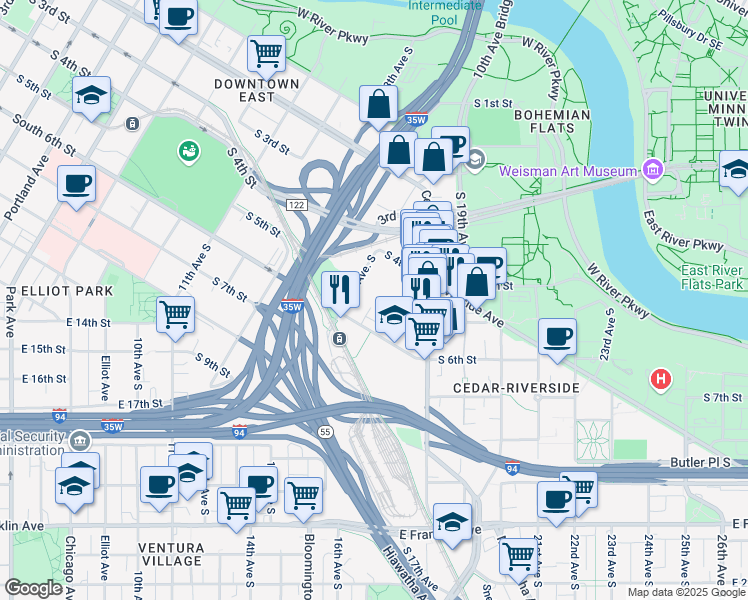 map of restaurants, bars, coffee shops, grocery stores, and more near 1525 South 4th Street in Minneapolis
