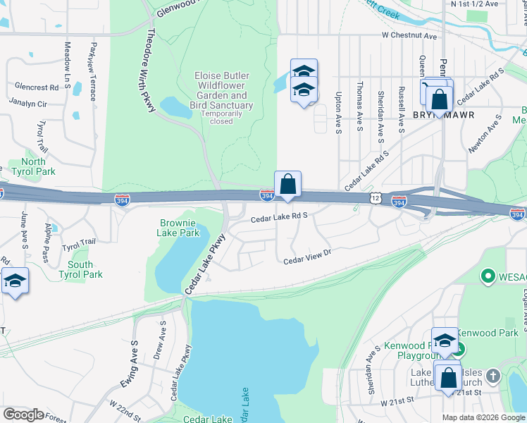 map of restaurants, bars, coffee shops, grocery stores, and more near 1212 Cedar Lake Road South in Minneapolis