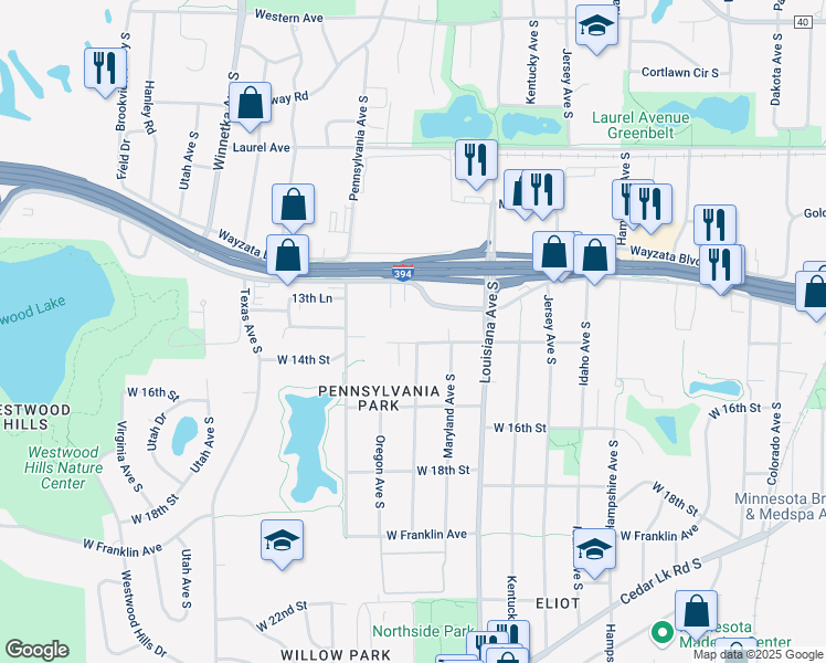map of restaurants, bars, coffee shops, grocery stores, and more near 7336 West 14th Street in Minneapolis