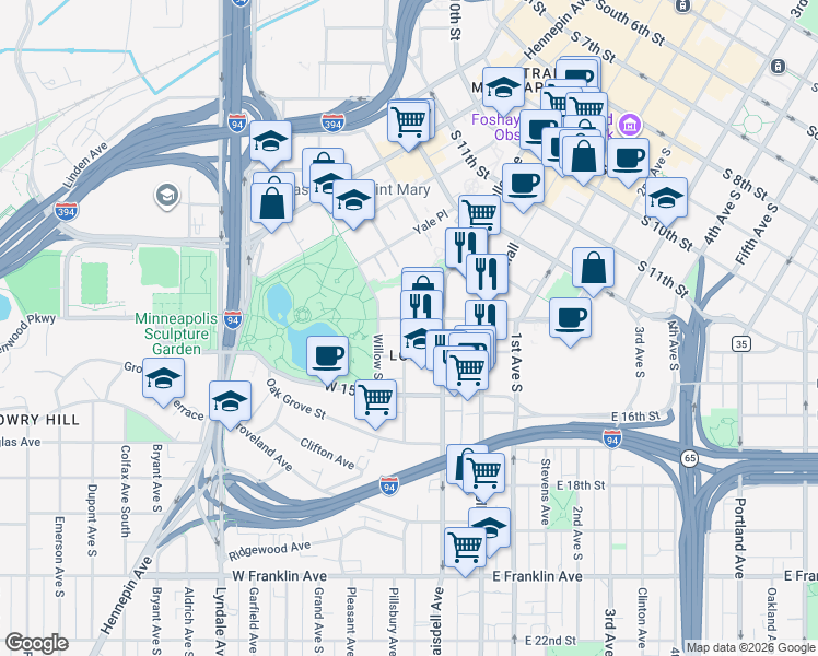 map of restaurants, bars, coffee shops, grocery stores, and more near 125 West Grant Street in Minneapolis