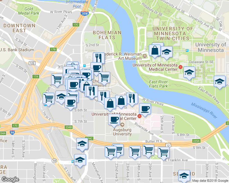 map of restaurants, bars, coffee shops, grocery stores, and more near 2116 South 5th Street in Minneapolis