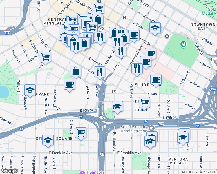 map of restaurants, bars, coffee shops, grocery stores, and more near 500 East Grant Street in Minneapolis