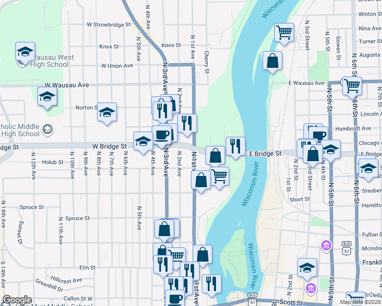 map of restaurants, bars, coffee shops, grocery stores, and more near 107 West Bridge Street in Wausau