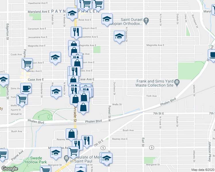 map of restaurants, bars, coffee shops, grocery stores, and more near 928 Case Avenue East in Saint Paul