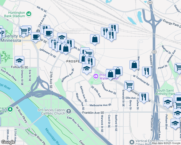 map of restaurants, bars, coffee shops, grocery stores, and more near 3030 University Avenue Southeast in Minneapolis