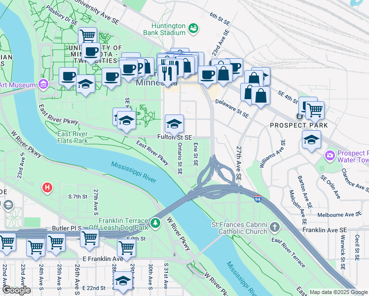 map of restaurants, bars, coffee shops, grocery stores, and more near 914 Fulton Street Southeast in Minneapolis