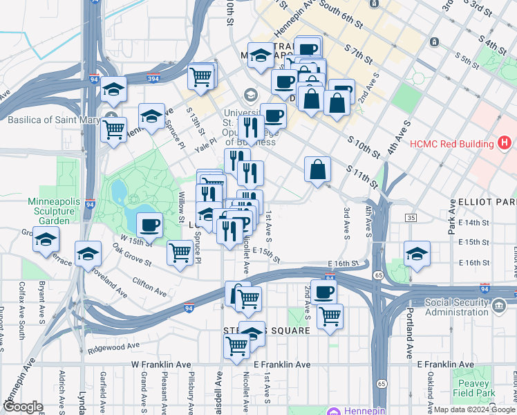 map of restaurants, bars, coffee shops, grocery stores, and more near 1335 1/2 Nicollet Avenue in Minneapolis