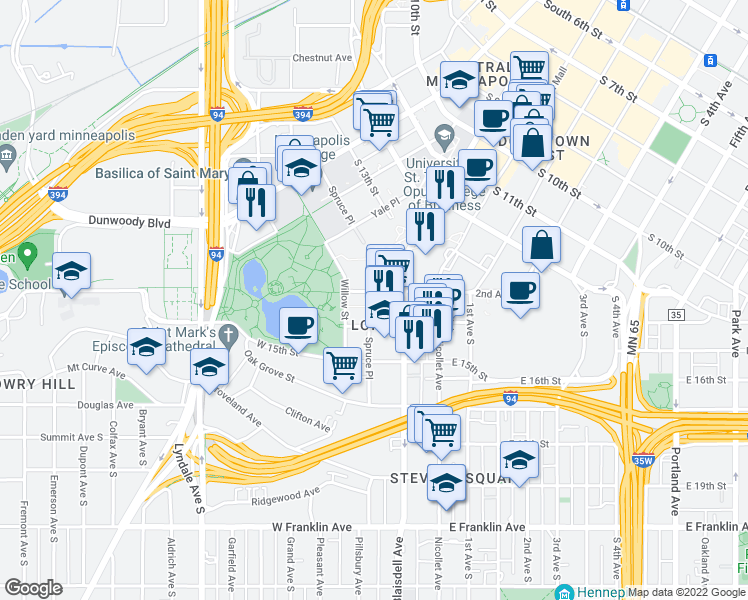 map of restaurants, bars, coffee shops, grocery stores, and more near 110 West Grant Street in Minneapolis