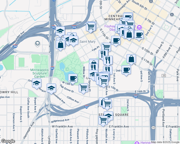 map of restaurants, bars, coffee shops, grocery stores, and more near 110 West Grant Street in Minneapolis