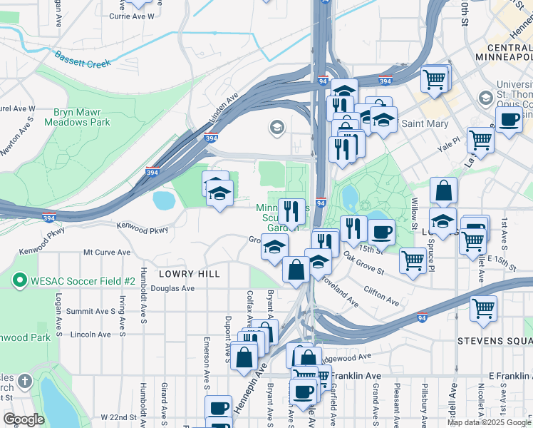 map of restaurants, bars, coffee shops, grocery stores, and more near 300 Kenwood Parkway in Minneapolis