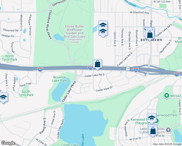 map of restaurants, bars, coffee shops, grocery stores, and more near 1212 Cedar Lake Road South in Minneapolis