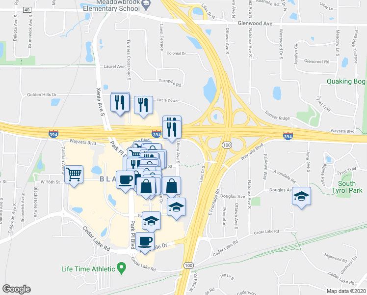 map of restaurants, bars, coffee shops, grocery stores, and more near in St. Louis Park