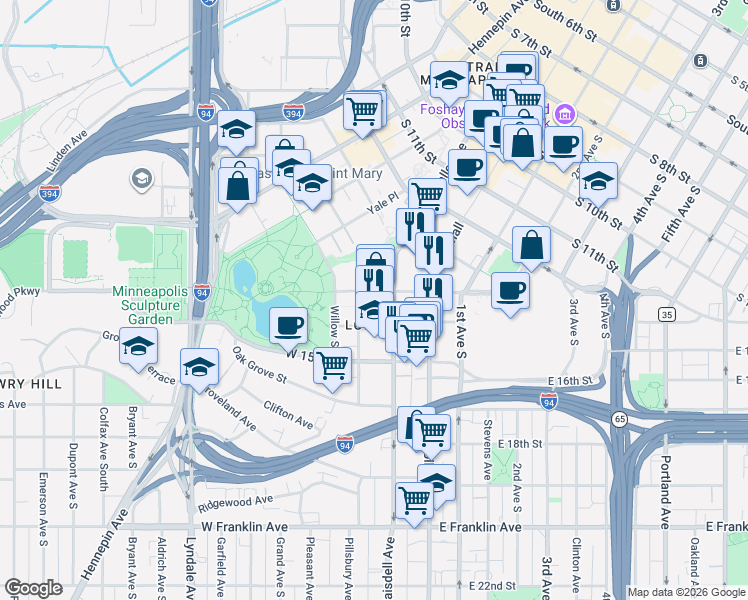 map of restaurants, bars, coffee shops, grocery stores, and more near 117 West Grant Street in Minneapolis