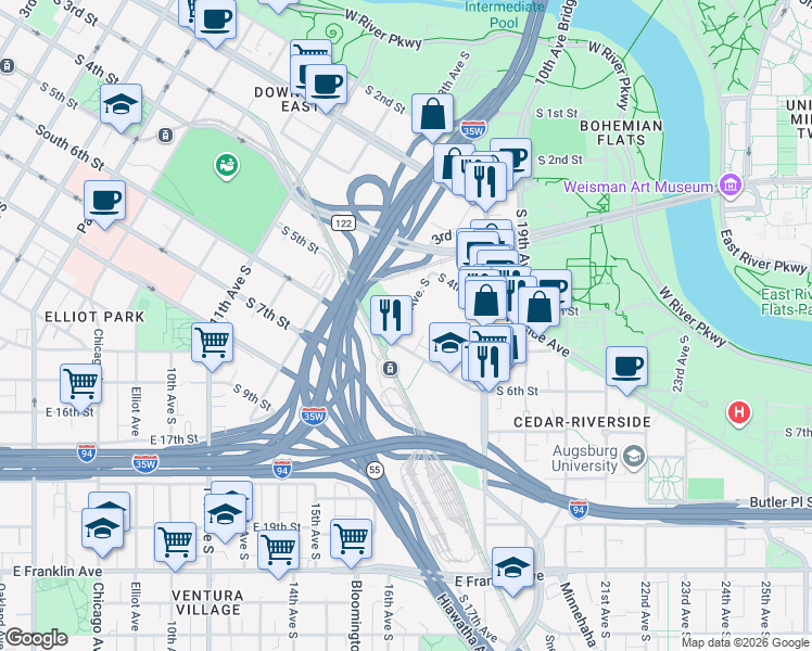 map of restaurants, bars, coffee shops, grocery stores, and more near 515 15th Avenue South in Minneapolis