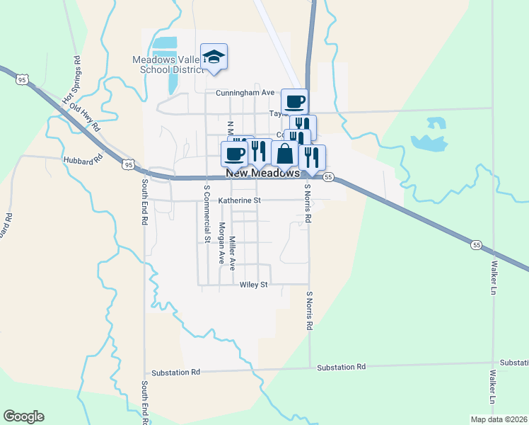 map of restaurants, bars, coffee shops, grocery stores, and more near 221 Katherine Avenue in New Meadows