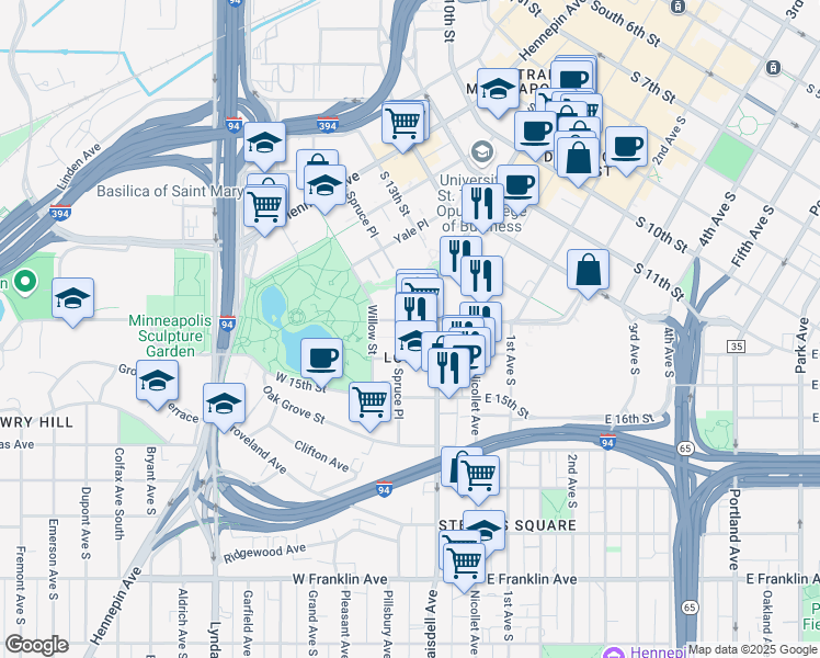map of restaurants, bars, coffee shops, grocery stores, and more near 110 West Grant Street in Minneapolis