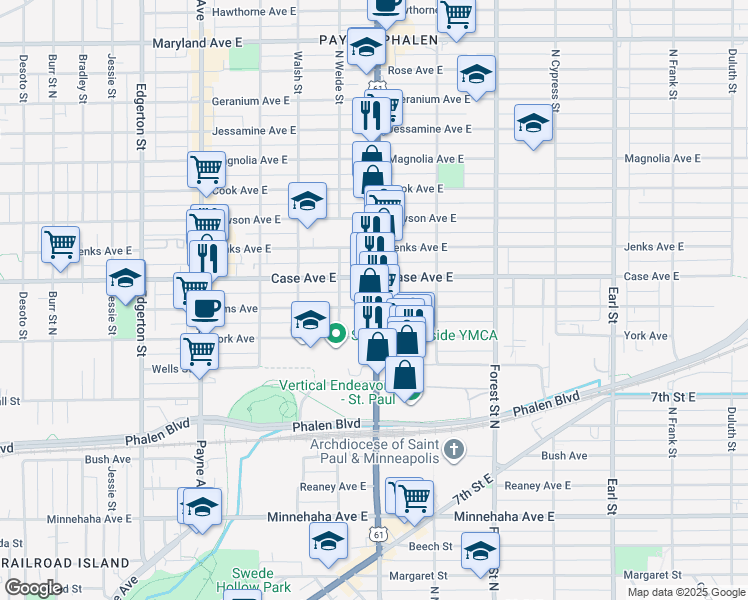 map of restaurants, bars, coffee shops, grocery stores, and more near 961 U.S. 61 in Saint Paul
