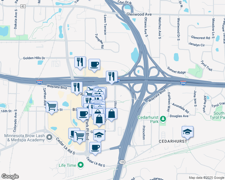map of restaurants, bars, coffee shops, grocery stores, and more near in St. Louis Park