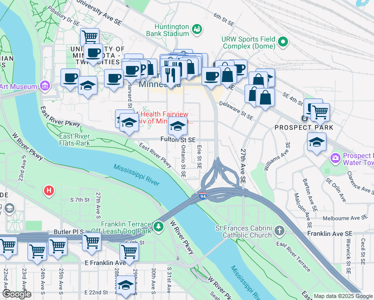map of restaurants, bars, coffee shops, grocery stores, and more near 615 Ontario Street Southeast in Minneapolis