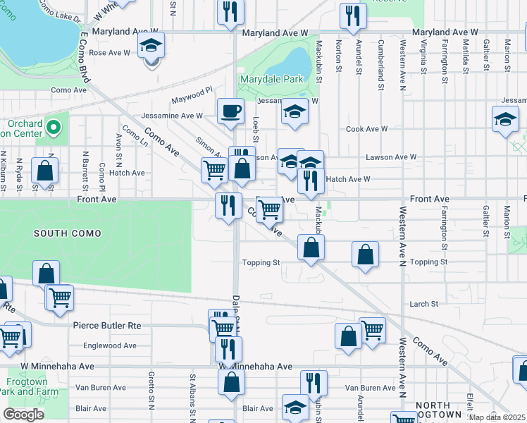 map of restaurants, bars, coffee shops, grocery stores, and more near 576 Front Avenue in Saint Paul