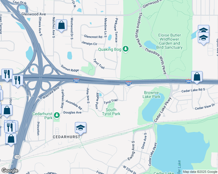 map of restaurants, bars, coffee shops, grocery stores, and more near 4111 Wayzata Boulevard in Minneapolis