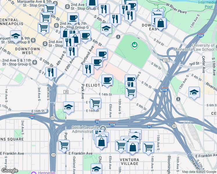 map of restaurants, bars, coffee shops, grocery stores, and more near 910 Elliot Avenue in Minneapolis
