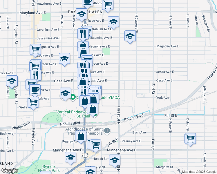 map of restaurants, bars, coffee shops, grocery stores, and more near 886 Case Avenue East in Saint Paul