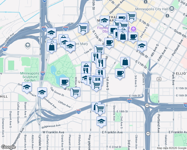 map of restaurants, bars, coffee shops, grocery stores, and more near 1330 Nicollet Mall in Minneapolis