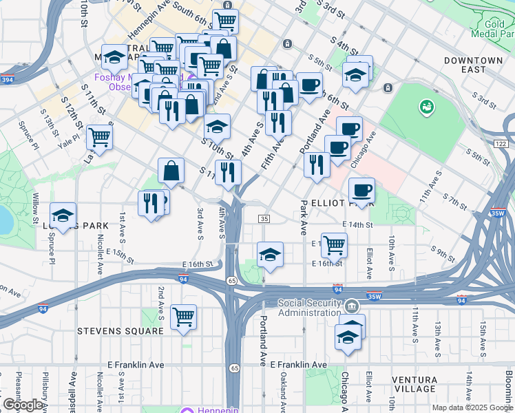 map of restaurants, bars, coffee shops, grocery stores, and more near 500 East Grant Street in Minneapolis