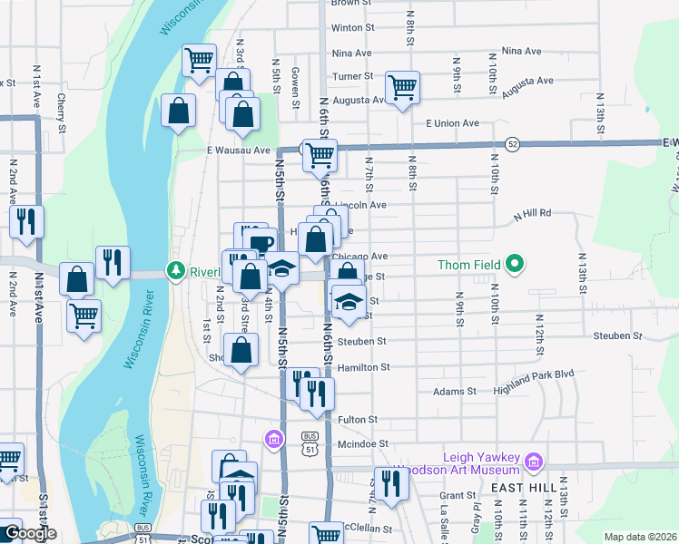 map of restaurants, bars, coffee shops, grocery stores, and more near 619 Chicago Avenue in Wausau