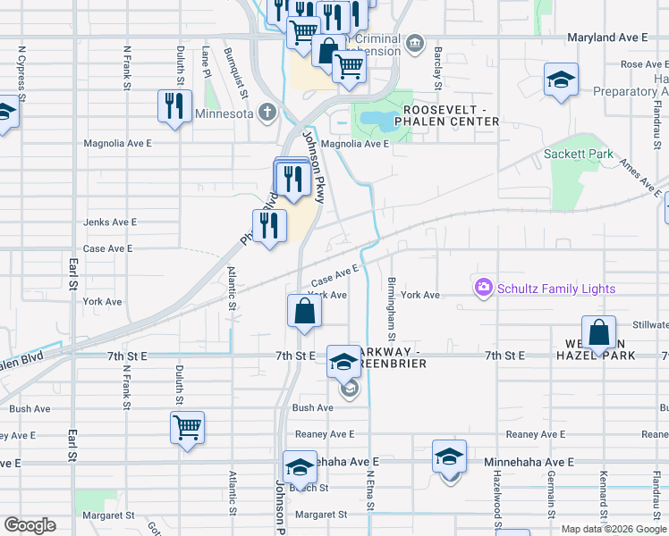 map of restaurants, bars, coffee shops, grocery stores, and more near 1345 Case Avenue East in Saint Paul
