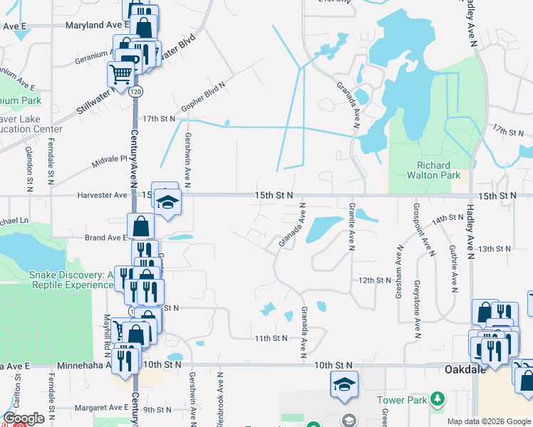 map of restaurants, bars, coffee shops, grocery stores, and more near 1490 Goodwin Avenue North in Oakdale