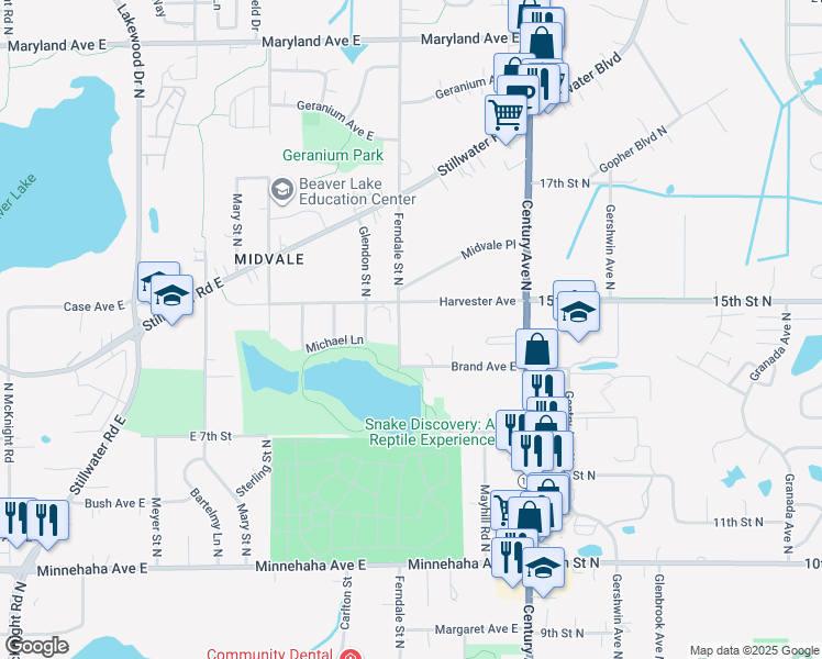 map of restaurants, bars, coffee shops, grocery stores, and more near 950 Ferndale Street North in Maplewood