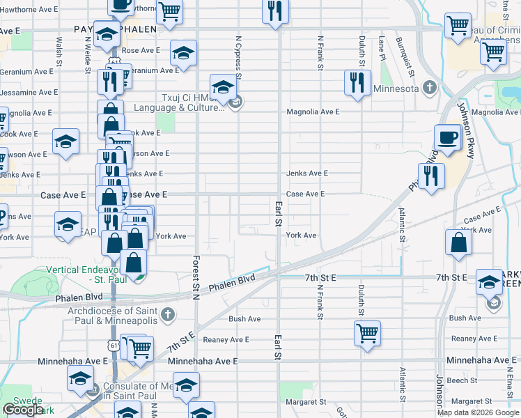 map of restaurants, bars, coffee shops, grocery stores, and more near 1030 Case Avenue East in Saint Paul