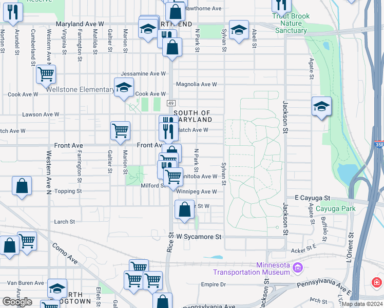 map of restaurants, bars, coffee shops, grocery stores, and more near 82 Front Avenue in Saint Paul